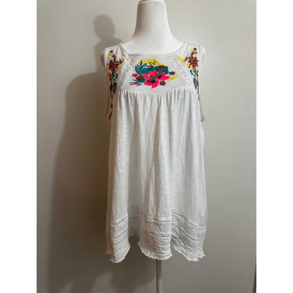 Cupio White Cotton Floral Embroidered Sleeveless Tunic Top Lace Trim Small